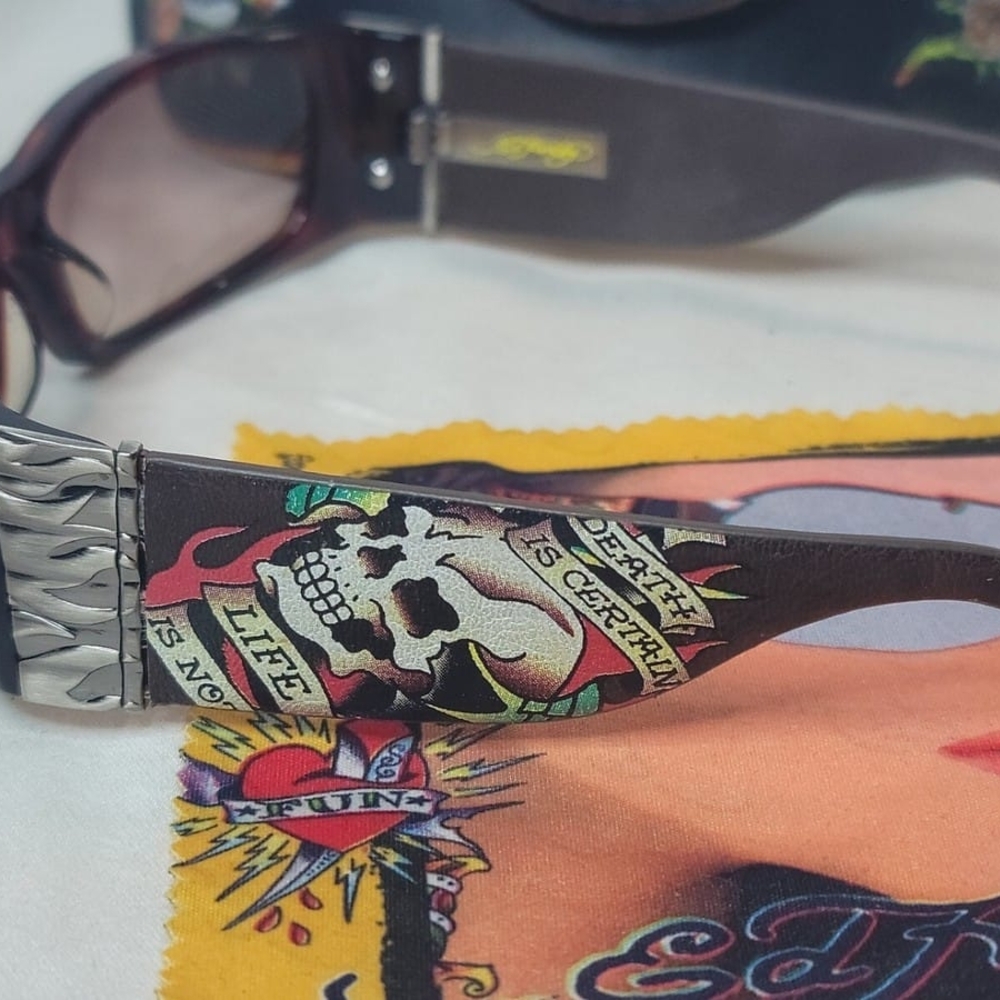 Vintage Ed Hardy Rare Death Is Certain Havana Skull Sunglasses ~ Unused